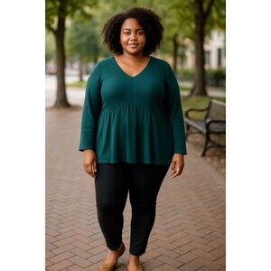 Lane Bryant Waffle Mesh Dark Green Long Sleeve Sweater Top Blouse Size 14/16 XL